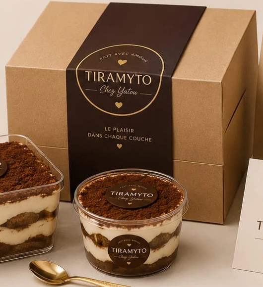 Boîte kraft Tiramyto fermée par sa bande chocolat
